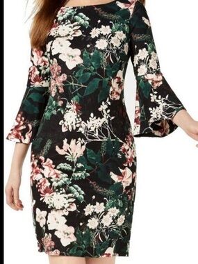 Calvin Klein Black Floral Bell-Sleeve Mini Dress
